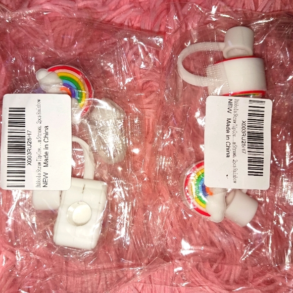 Silicone Straws Tips Cover set of 2! Cartoon Rainbow Reusable Lid Plug Antidust - Picture 5 of 6